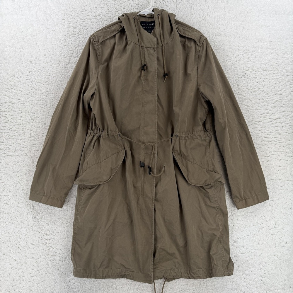 AllSaints Cadet Parka Womens 8 Green Cotton Canvas Hooded Fishtail Coat
